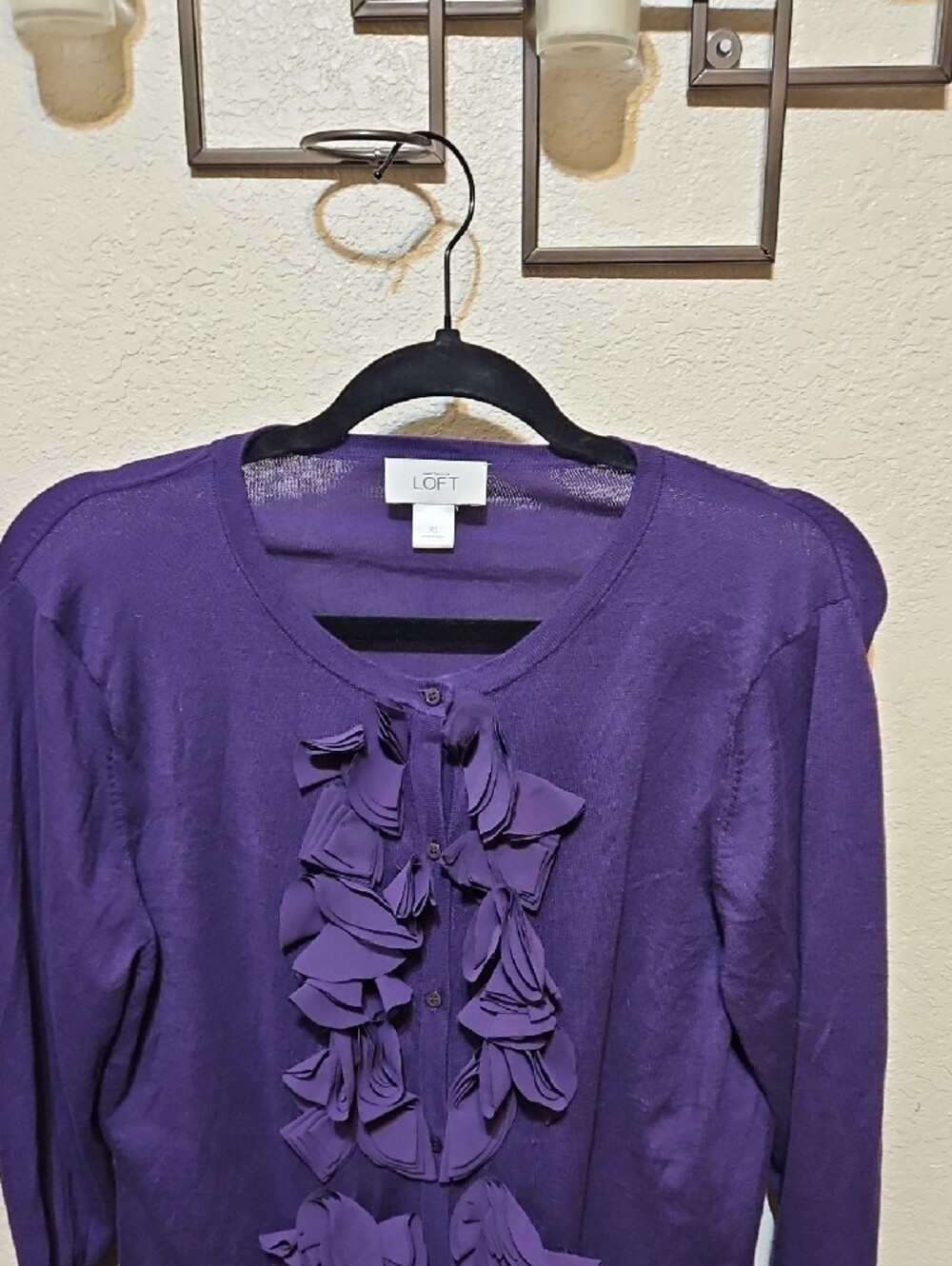 LOFT Deep Purple Ruffle-Front Cardigan - Picture 2 of 6